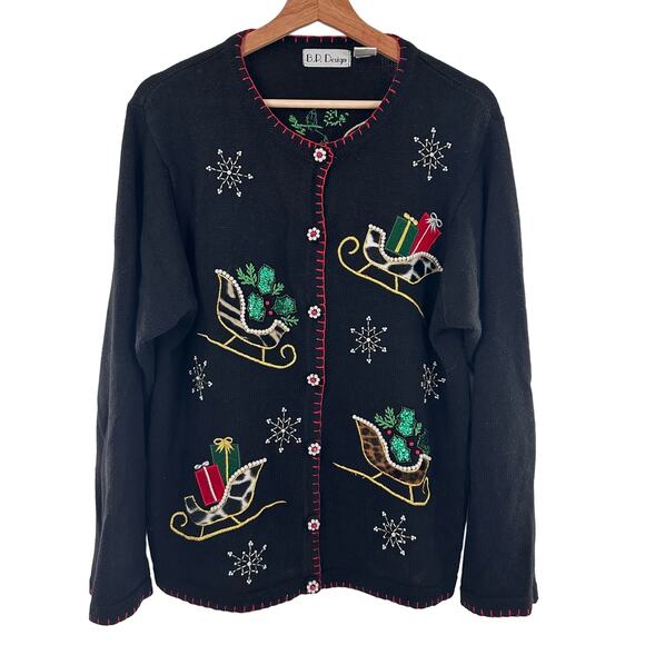 Vintage Christmas Cardigan Sweater Sequins Bling Sleighs Gifts Snowflake Novel M - Picture 1 of 9